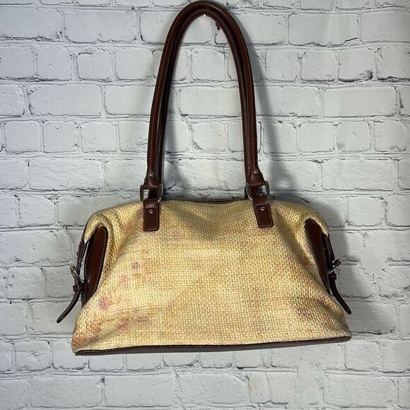 Etienne Aigner Lined Rattan Woven Maple Print Handbag Brown Faux Leather Trim - Picture 6 of 13